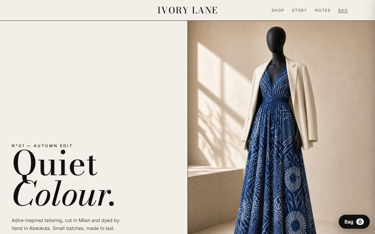 Screenshot of the Ivory Lane sample fashion boutique website